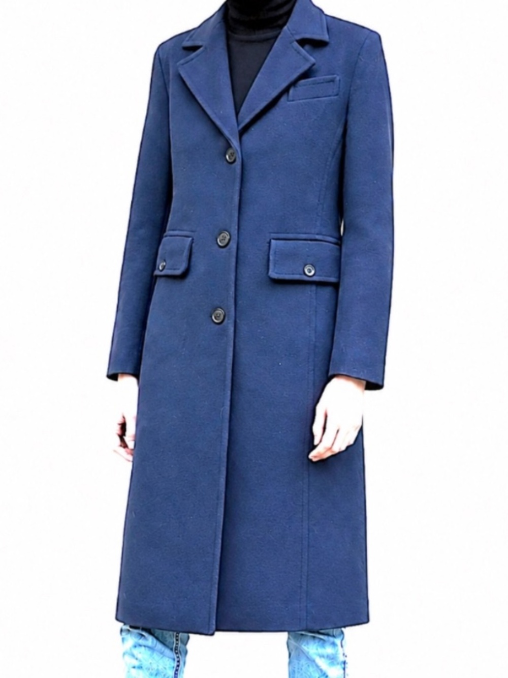 BCBGMAXAZRIA Wool Cashmere Trench Coat Size S Navy Midi Buttons Flap Pockets